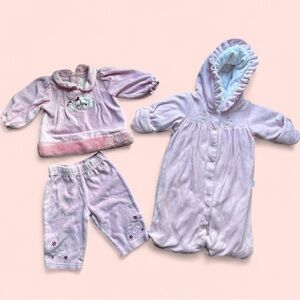 Adorable vintage pink velour baby snowsuit and matching pants and shirt set